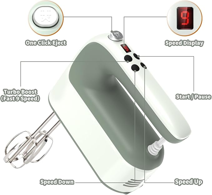 Yomelo 9-Speed Digital Hand Mixer Electric, 400W Powerful DC Motor, Hand Mixer Electric Handheld with Snap-On Storage Case, 5 Stainless Steel Accessories, Beaters, Dough Hooks, Whisk(Light Green)