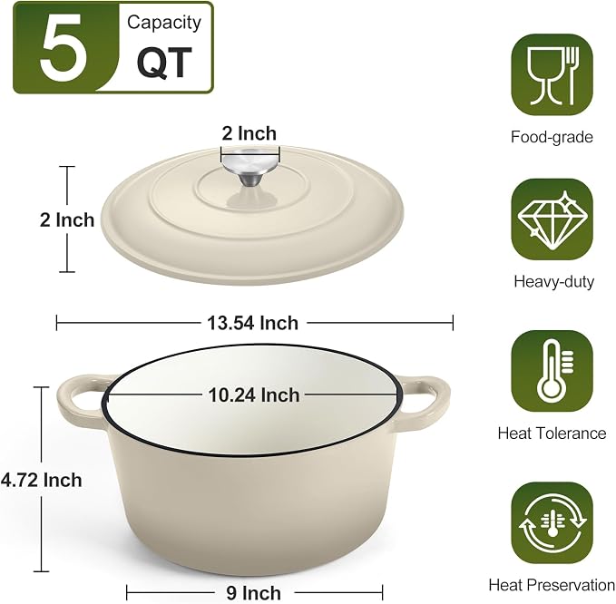 P&P CHEF 5QT Enameled Dutch Oven, Dutch Oven Pot for Bread Baking, Khaki | 5 Quart Enameled Cast Iron Casserole Pot with Lid, for Roasting Braising Stewing Frying Simmering, Work on Various Stoves