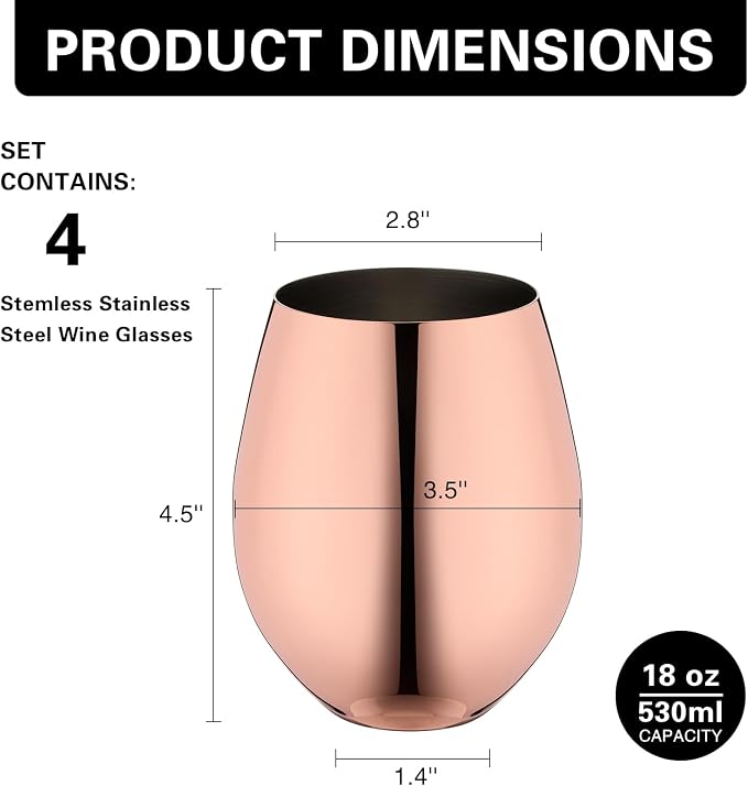 WOTOR Rose Gold Stemless Wine Glasses, 18oz, Stainless Steel, Set of 4 | Unbreakable, Metal, Outdoor Events, Ideal Gift
