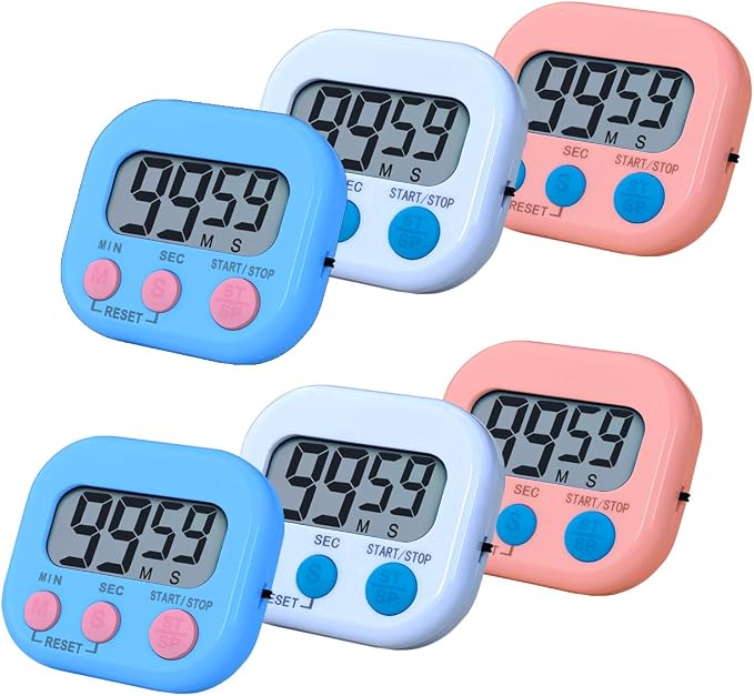 Digital Kitchen Timers, BESTWYA Electronic Timer (6, 3 Colors) | LCD Screen Big Buttons On/Off Switch Count Up and Down Function for Kitchen,Study,Work,Exercise Training,Outdoor Activities