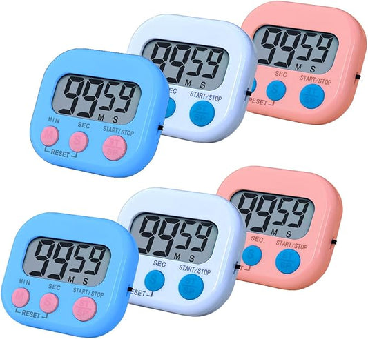 Digital Kitchen Timers, BESTWYA Electronic Timer (6, 3 Colors) | LCD Screen Big Buttons On/Off Switch Count Up and Down Function for Kitchen,Study,Work,Exercise Training,Outdoor Activities