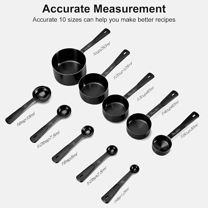 Bopei Measuring Cups and Spoons Set, Titanium-Plated Matte Black Stainless Steel 10 Piece for Cooking and Baking (5 Cups + 5 Spoons All Black)