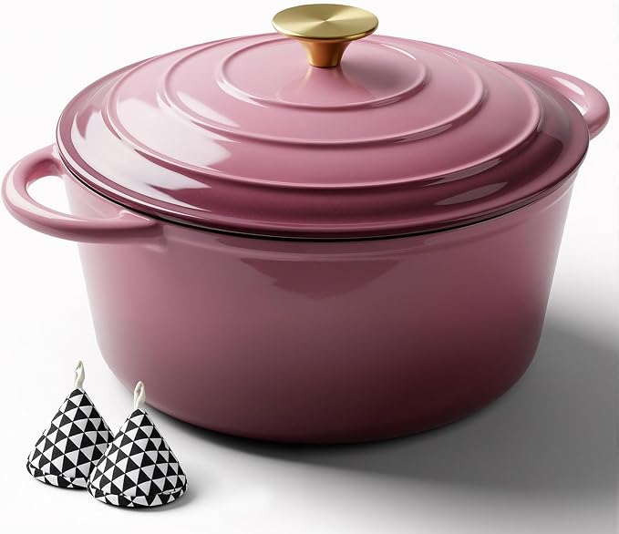 Miereirl 4.5 Quart Enameled Dutch Oven Pot with Lid, Cast Iron Dutch Oven with Dual Handles for Bread Baking, Cooking, Non-stick Enamel Coated Cookware, Rose