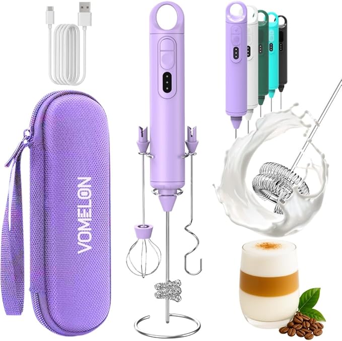 Rechargeable Milk Frother Handheld 3 Speed Coffee Foamer [3 Whisk] Electric Drink Mixer for Latte, Cappuccino, Coffee, Eggs, Hot Chocolate, Purple