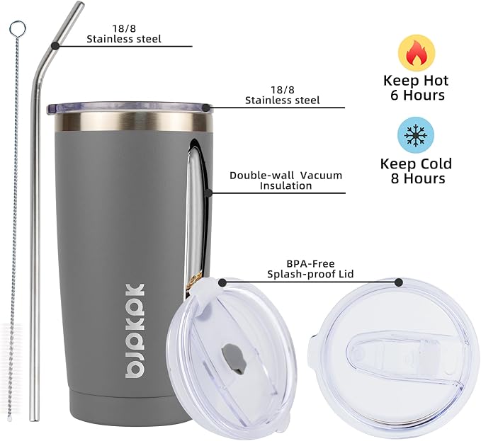 BJPKPK 20oz Coffee Tumbler with Lid & Straw, Insulated Stainless Steel Mug | Double Wall Vacuum, Keeps Hot/Cold, BPA Free, Leak Proof, Iced Coffee Cup Fit Car Holder, Travel & Beach, Gray