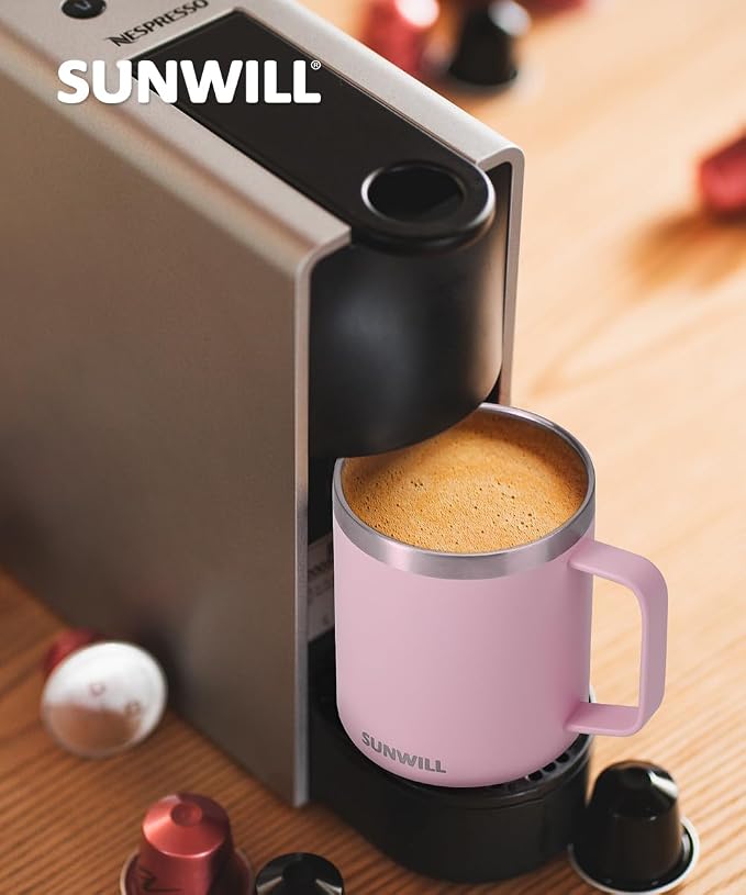 SUNWILL Insulated Coffee Mug with Lid, Travel Tumbler Reusable, 14 oz Stainless Steel Cup for Camping, Office, Home, Powder Coated Sakura