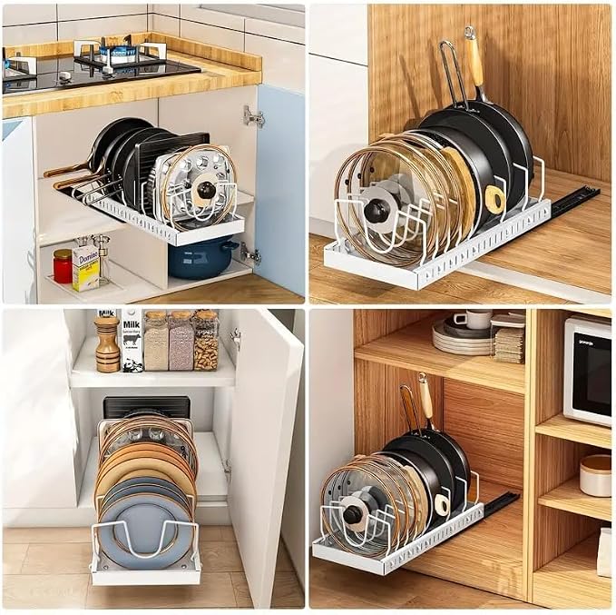 2 Pack Pull Out Pots and Pans Organizer for Cabinet & Countertop, Kitchen Cabinet Organizer with 8 Adjustable Dividers, Storage for Pot Lid, Dishes, Bakeware, White