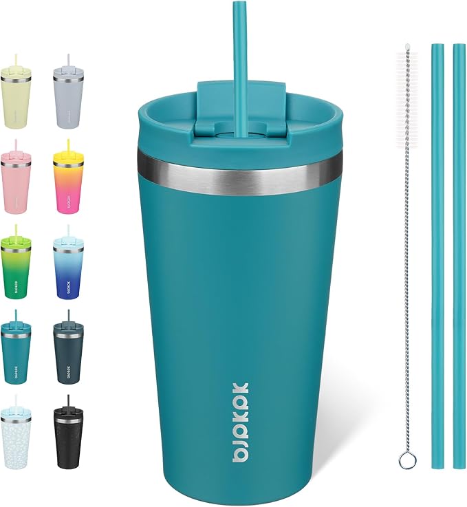 BJPKPK 18 oz Coffee Tumbler with Straw, Insulated Stainless Steel Cup | Double Wall Vacuum, Leak Proof, Keeps Hot/Cold, BPA Free, Dishwasher Safe, Cupholder Friendly, Travel, Laguna