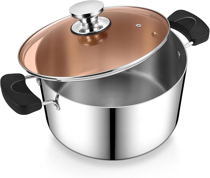 P&P CHEF 6 Qt Stockpot with Lid, Stainless Steel Stock Pot, 3-Ply Metal | Cooking Pot for Soup Pasta, Heat-Proof Double Handles with Visible Lid, Dishwasher Safe & Healthy Use