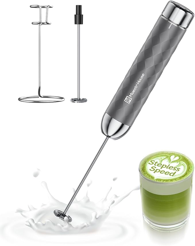 Maestri House LunaFro 2.0 Rechargeable Milk Frother, Stepless Speed Control | 1200mAh lithium battery Frother Handheld, IPX4, Stand & 2 Detachable Whisk for Lattes, Cappuccino, Matcha & Protein powder