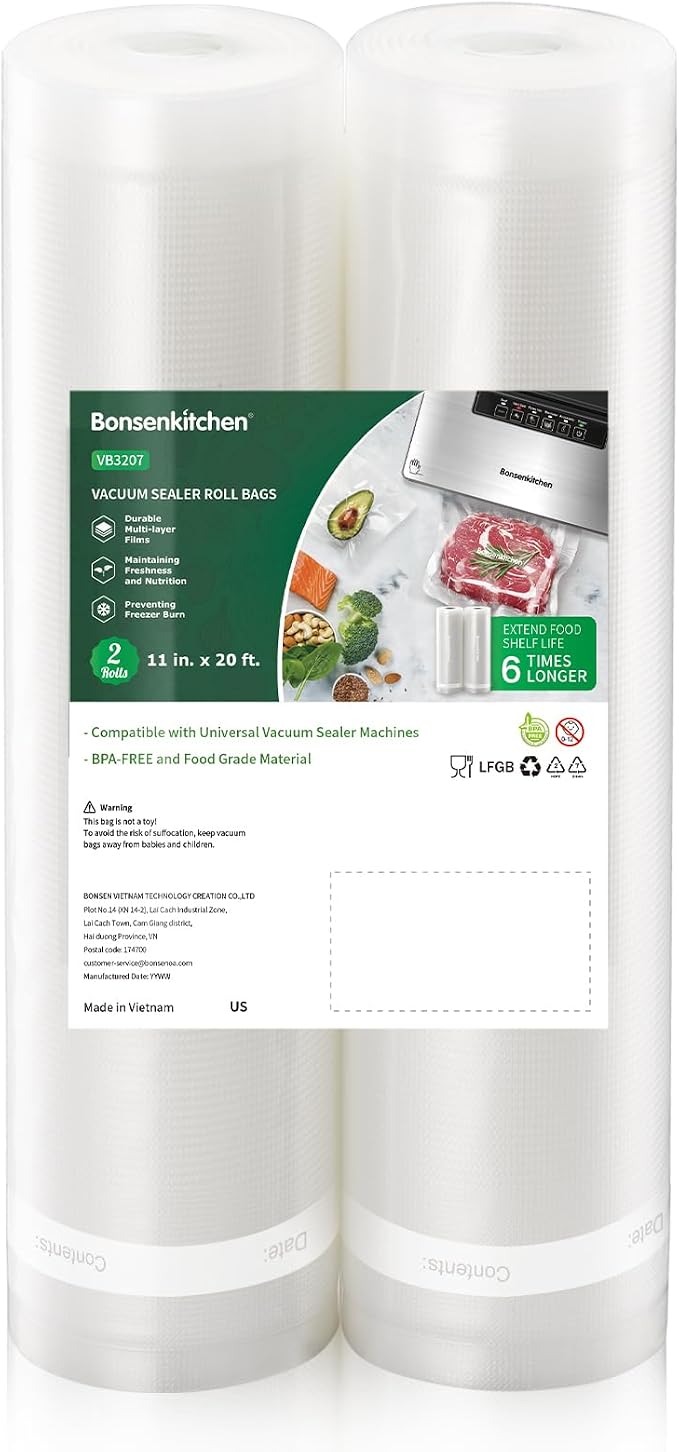 Bonsenkitchen Vacuum Sealer Bags, 11" x 20' Rolls 2 Pack for Food Storage | Commercial Grade Textured Food Roll, Bpa Free, Heavy Duty, Customized Size Bag for Sous Vide Cooking, VB3207