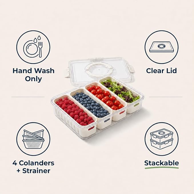 [Hand Wash Only] Salad Bar Containers for Fridge, Veggie Containers for Refrigerator, Salad Prep Containers for Fridge, Veggie Tray with Lid, Storage & Organizer for Fruit, Berry, Produce Keeper