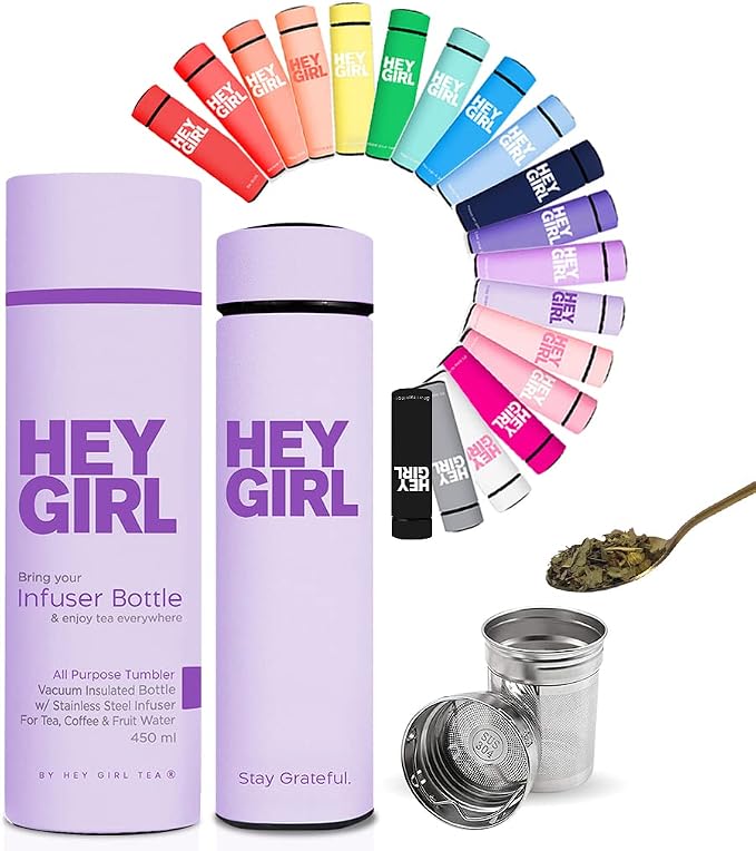 Hey Girl Tea Infuser Bottle 450ml - Insulated Stainless Steel Water Bottle - Tea Tumbler with Tea Diffuser - Portable Travel Mug for Loose Leaf Tea & Infused Water - Tea Lovers Gifts for Women