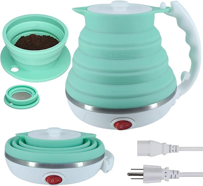 Travel Electric Kettle, Collpasible Portable Electric Kettle, Portable Tea Kettle + Paperless Travel Pour Over Coffee Maker, Collapsible Pour Over Coffee Dripper One Cup (Green)