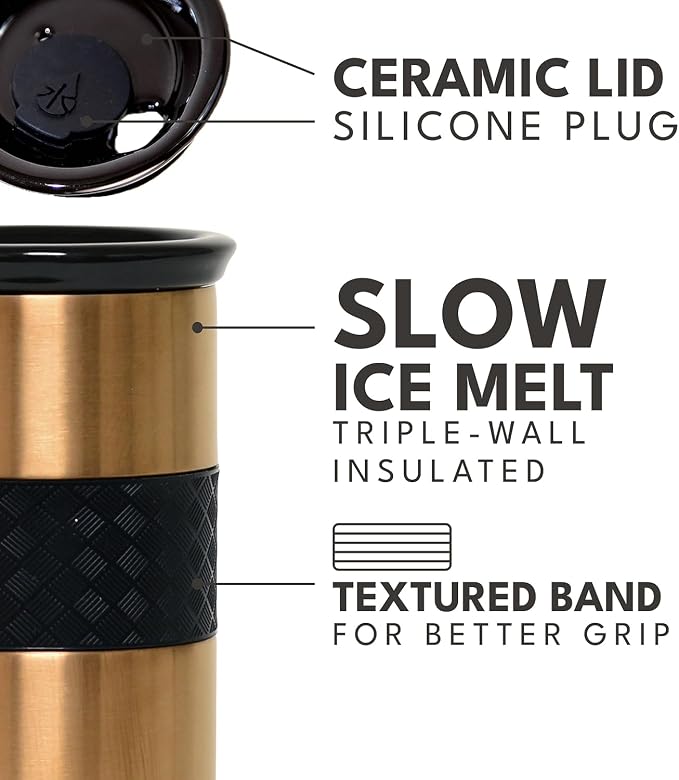 Elemental Artisan 16oz Triple-Wall Insulated Coffee Tumbler w/Ceramic Lid | Triple Wall Coffee Travel Mug, Reusable Stainless Steel Coffee Tumbler; Thermal Coffee Cups for Hot (6 Hrs) & Cold (18 Hrs)