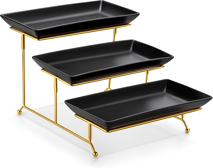 MALACASA 3 Tier Serving Trays for Party, 12 Inch Porcelain Black Trays for Serving Food, Dessert Stand with Collapsible Gold Metal Rack | Tiered Serving Stand for Party, Fruit Tray, Trays for Serving Food, Dessert Stand with Collapsible Sturdier Gold M...