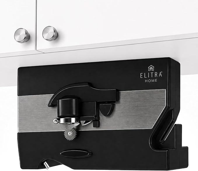ELITRA HOME 3-In-1 Under The Cabinet Electric Can Opener - Black | Automatic Smooth Edge Can & Bottle Opener, Magnetic Lid Holder & Knife Sharpener, Space Saving Kitchen Tool with Cord Storage