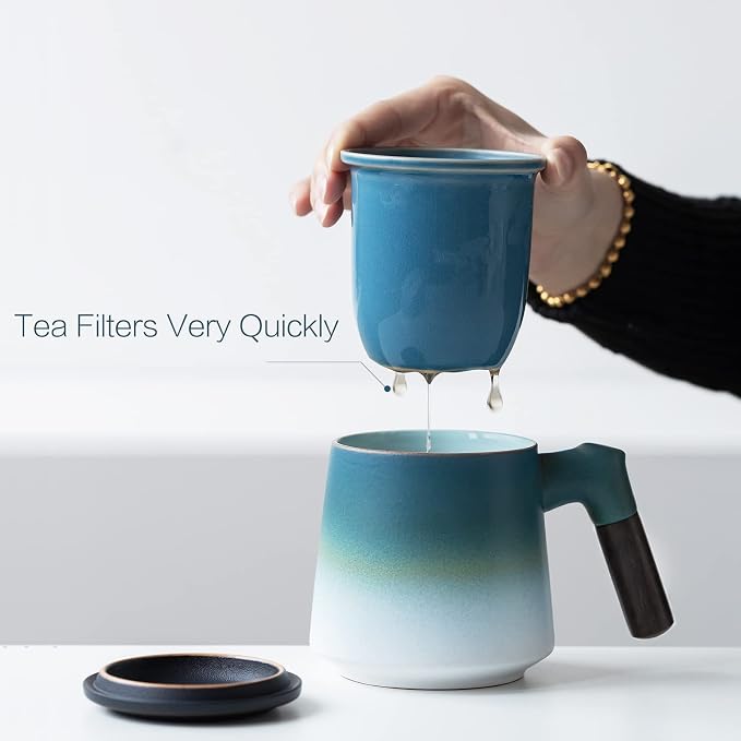 ZENS Tea Mug with Infuser and Lid for Loose Tea Diffusers, 12oz Blue | Embossed Ceramic Tea Cup with Infuser for Herbal Tea Difussers, Tea Lovers Gifts, Vintage Wood Handle