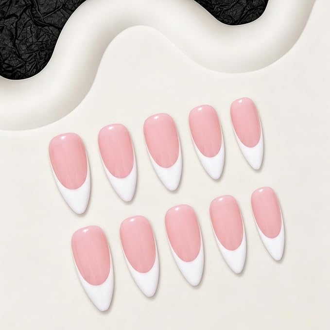 Luxury Handmade Press on Nails Medium Almond Fake Nails White French Tip False Nails Elegant Glossy Pink Stick on Nail Full Cover Muti-Layer Gel Thick Acrylic Nail for Women (M)