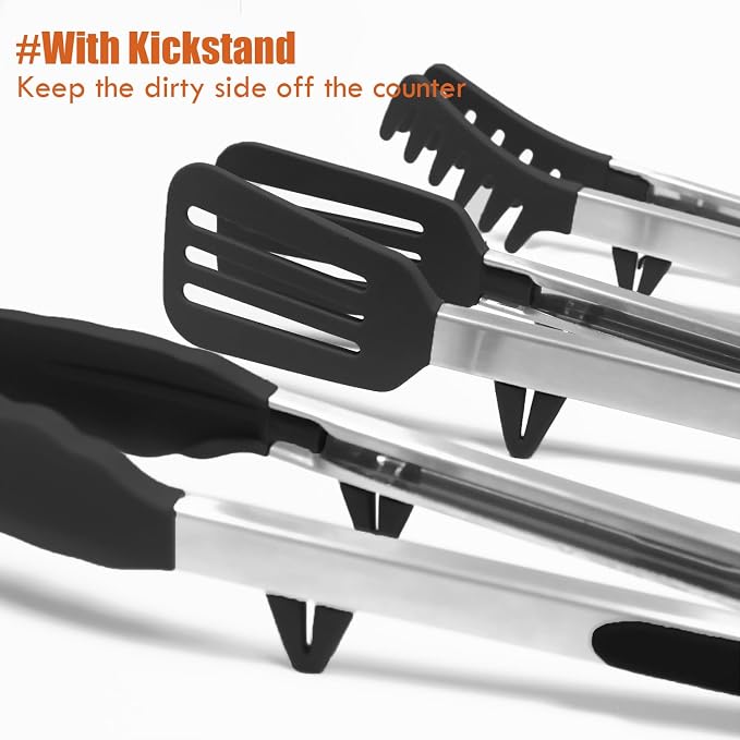 12" Kitchen Tongs for cooking with Silicone Tips, 3Pcs Serving Tongs, Black | Small Silicone Tongs mit kickstand, Food Grade, 3 different type of tongs, Stainless Steel