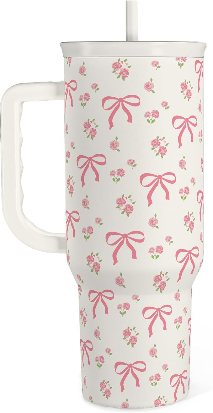 Bow Tumbler with Handle 40oz, Stainless Steel Insulated Tumblers Coffee Travel Cup with Slider Straw Lid, Gifts for Women Teen Girls Birthday