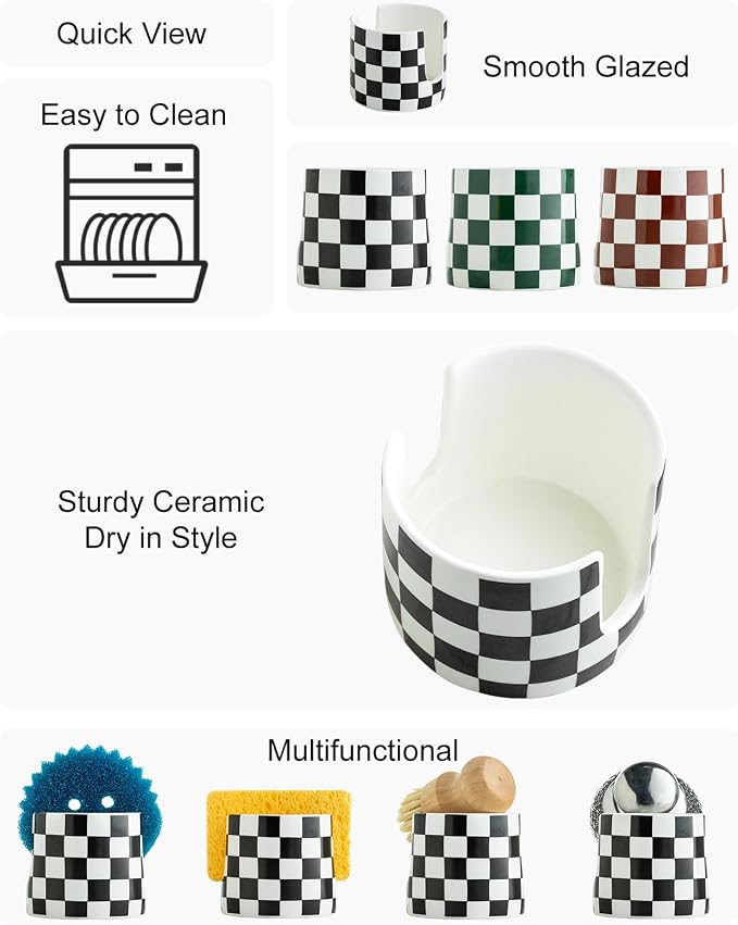Zoeeker Sponge Holder for Kitchen Sink, Ceramic Checkered Dish Sponge Rack | Dish Brush Holder Farmhouse Kitchen Drying Rack Scrubby Caddy Kitchen Organizer for Scrubber, Bathroom, Sink, Black and White