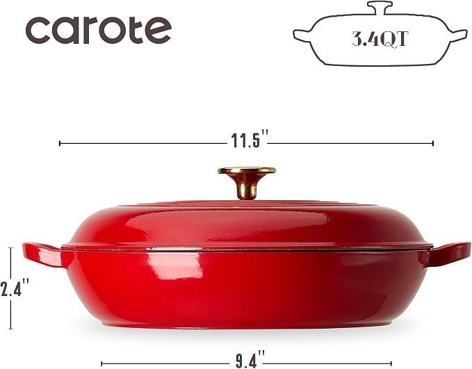 CAROTE 3.4QT Enameled Cast Iron Braiser Pan, Shallow Dutch Oven Casserole Skillets, Non-Toxic Cast Iron Pot with Lid for Grilling, Searing, Baking, Dual Handles, All Stovetop Compatible, Red