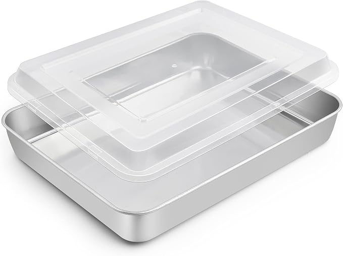 TeamFar Baking Pan with Lid, 10.5" x 8" Rectangule Cake Pan- 1Pan +1 Lid | Stainless Steel Lasagna Pan with Cover for Cake Brownie Casseroles, Birthday Party Outdoor, Healthy, Oven & Dishwasher Safe