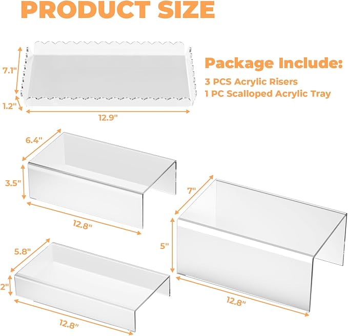 Acrylic Buffet Risers, Food Risers for Buffet Table, Clear Acrylic Risers Display Stand with U Shaped for Catering Supplies, Scalloped Acrylic Serving Tray for Cupcake, Dessert and Party (Clear 4 PCS)