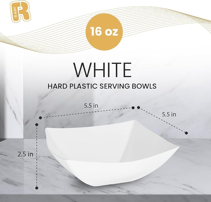 R-kay 6 Pack Square Plastic Serving Bowls - White Plastic bowls 16 Oz - Premium White Bowls Disposable Heavy Duty For Weddings Catering And Birthday parties