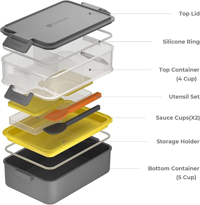 Stackable 2-Tier Adult Bento Box, 4 Compartments - Ultimate Gray | leakproof sauce cups, utensil set included, microwave & dishwasher safe, 7 colors available, ideal for work/school/picnic
