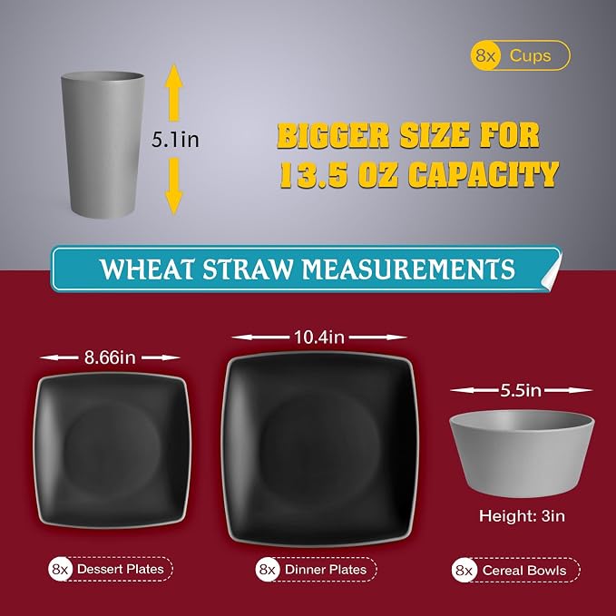 Teivio 32-Piece Kitchen Plastic Wheat Straw Squircle Dinnerware Set for 8, Unbreakable Dinner Plates, Salad Plates, Square Cereal Bowls, Cup 13.5oz, Dishwasher Safe,Gray Ombre