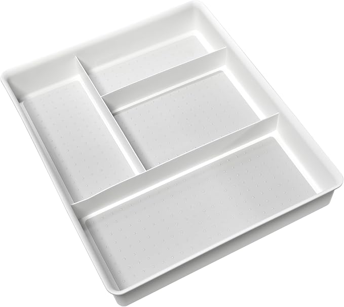madesmart 4 Compartment Drawer Organizer, Multi Purpose Storage for Utensils, Office Tools, Cords, & Small Household Items, Tech Accessories, Arts & Crafts Supplies, Non Slip Lining, White (Pack of 6)