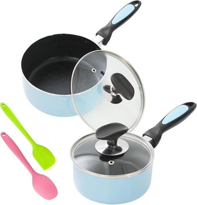 Nonstick Saucepan Set with Lid, Non Stick 1Qt & 2Qt Sauce Pan Set with Glass Lid Small Pot for Home Kitchen