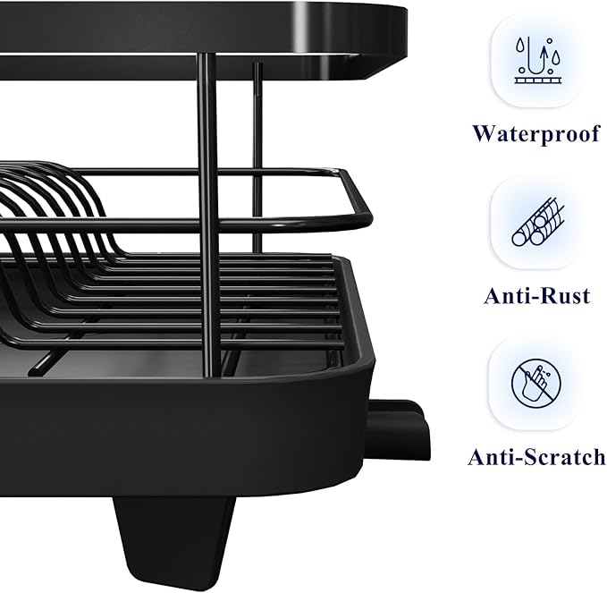Kitsure Dish Drying Rack for Kitchen Counter, 12.2''W x 15.7''~23''L, Black | Stainless Steel Sink Organization, Cutlery Holder, Home and Appartment Decor