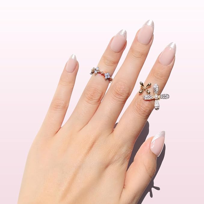 Nail Reformation Press On Nails, Sheer Nude Short Almond Fake Nails 32 Pcs | Silver Glitter French Tip with Glossy Finish, Reusable Stick On Nails in 16 Sizes False Nail Kit with Glue, Gifts for Women