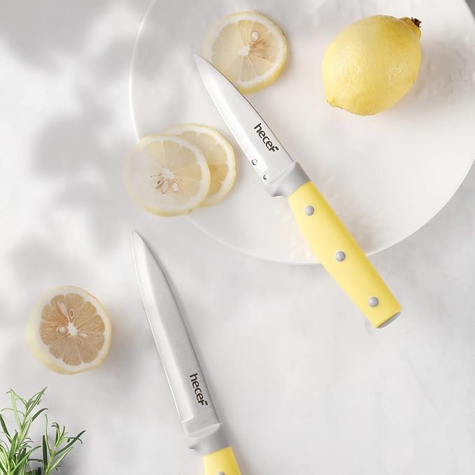 hecef Kitchen Knife Block Set, 14 Pieces, Yellow | Wooden Block, Sharpener Steel, All-purpose Scissors, High Carbon Stainless Steel