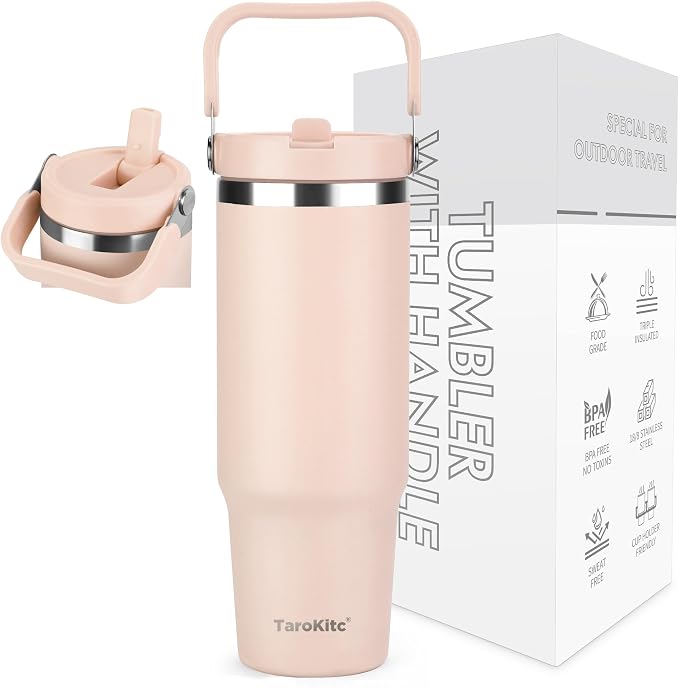 TaroKitc 30 oz Tumbler with Handle and Flip Straw, Triple-Wall Vacuum Insulated Water Bottle, Leakproof Reusable Travel Mug for Home, Outdoors, Fit in Car Cup Holder, Cold for 30 Hrs,Rose Quartz