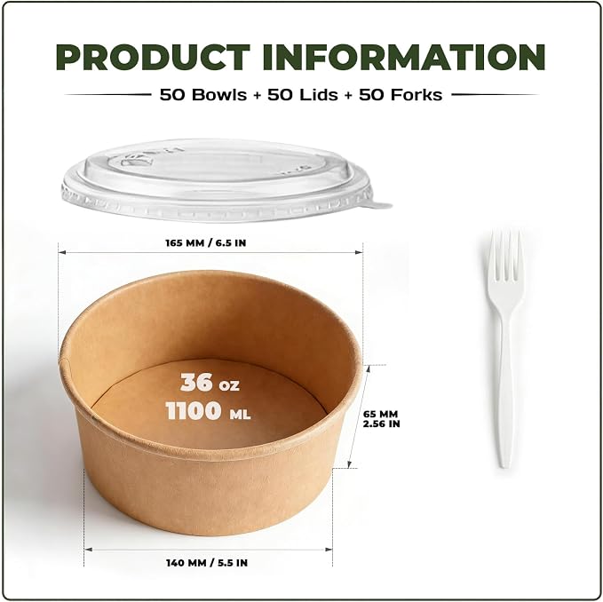 TOPtoper 36Oz 50Pcs Large Paper Bowls with Lids and Forks, Heavy Duty Disposable Meal Prep Containers for Hot/Cold Food, Soup, Disposable Bowls Bulk Soak-Proof for Party