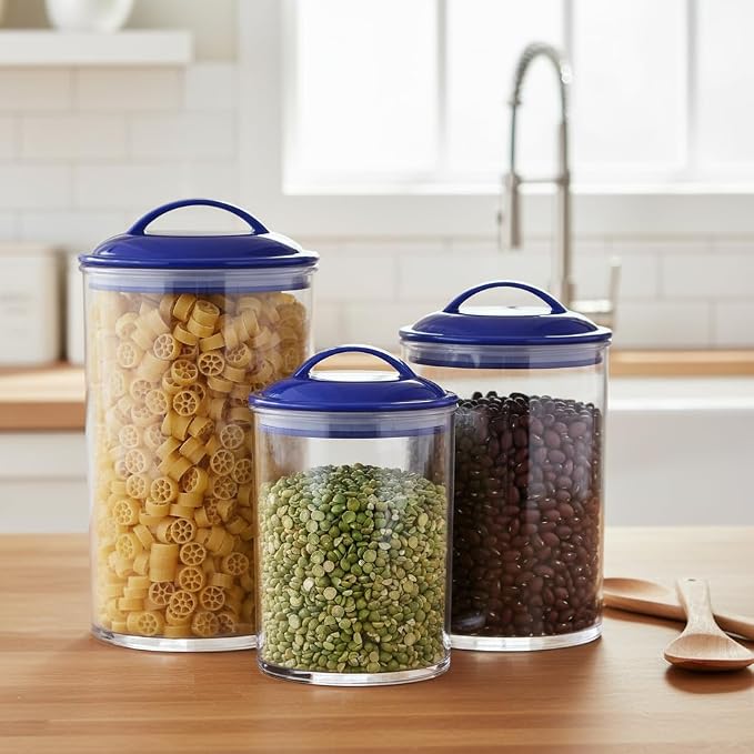 Food Storage Containers, BPA Free Airtight Canisters for Cereal, Pasta, Sugar, Coffee, Flour, Cookies, Loose Tea, for Kitchen Organization, Set of 3 by Reston Lloyd, Indigo
