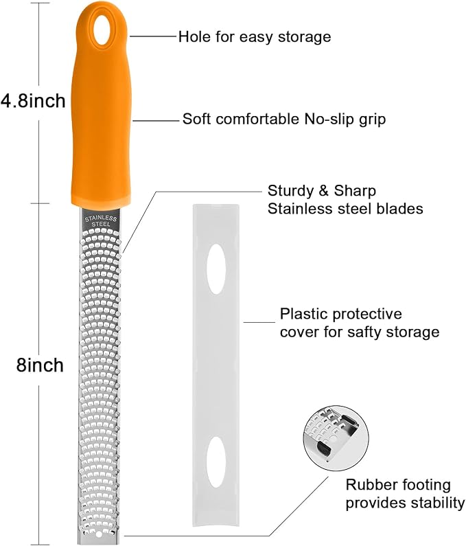 8-Inch Lemon Zester & Cheese Grater, 18/8 Stainless Steel, Orange | Fine 18/8 Stainless Steel Blade for Citrus, Parmesan, Ginger and Garlic, Soft Non-slip Handle, Cover, Dishwasher Safe