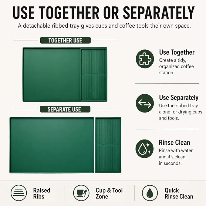 Silicone Coffee Mat 24 x 16 in with Tray, Deep Forest Green | Coffee bar mat for countertop use, coffee station mat or coffee machine mat with removable tray and 0.47 in raised rim.