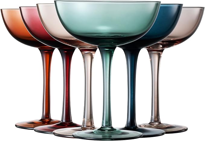 Beautiful Colored Martini, Champagne & Cocktail Luxury Coupe Glasses | Set of 6 | Crystal 6 6oz - Stemmed Goblet Drinking Cups, Color Gift Set - Her, Wife & Mom - Colorful Drinkware - Water, Wine