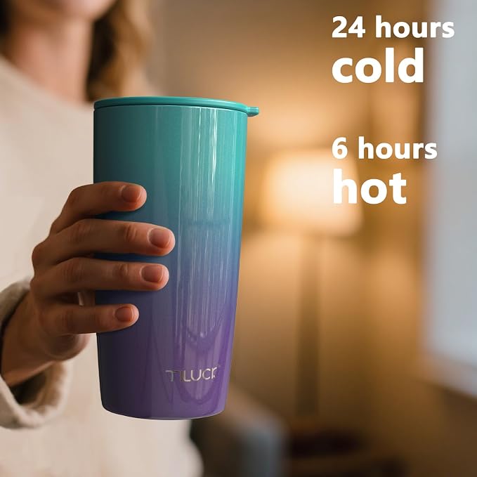 TILUCK 20 oz Insulated Coffee Tumbler with BPA-Free Lid | Travel Coffee Mug, Dishwasher Safe, Cup Holder Friendly,Double-Wall Vacuum Insulation for Hot & Cold Drinks,GlitterBluePurple