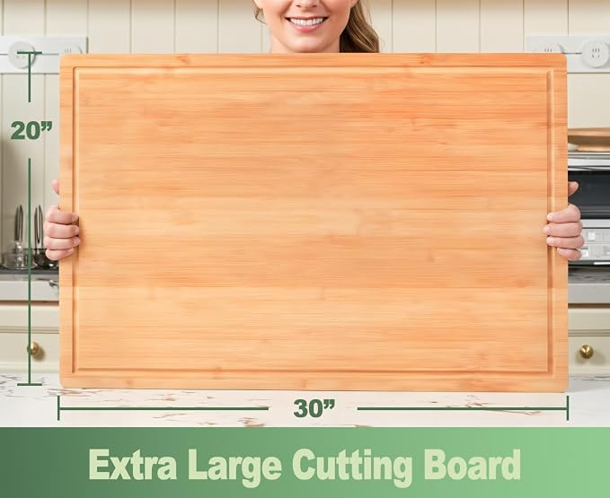 Allsum 30x20" Bamboo Cutting Board for Kitchen, Extra Large Wood Charcuterie Board with Side Handles and Juice Grooves, Stove Top Cover, Noodle Board over Sink, Cheese Serving Tray