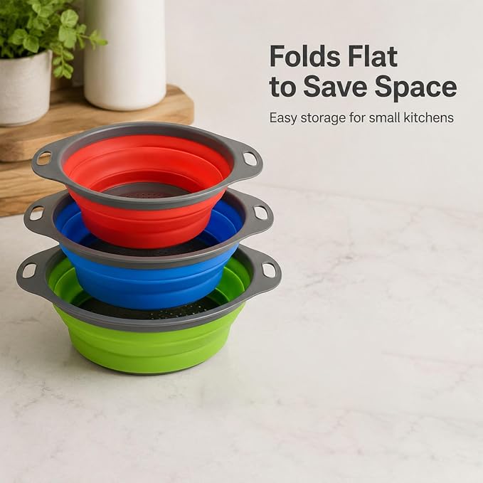 Collapsible Colander Set, 3 Pack Silicone Kitchen Strainer Set, Space Saving Design, Small Round Colander Baskets for Draining Pasta, Vegetable and fruit, (3Qt+4Qt+5Qt)