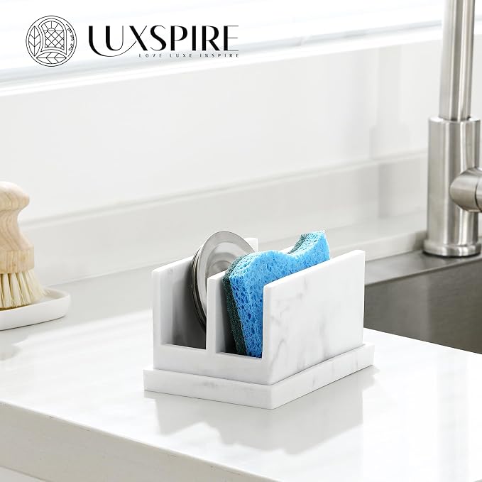 Luxspire Kitchen Sponge Holder wtih Drain Tray, 2 Compartment, Gravel White | Diatomite Stone Material, Quick-Drying & Water Absorbing stone dish sponge, For Kitchen Sink Counter, Easy to Maintain
