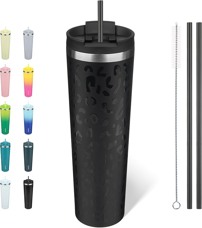BJPKPK 34oz Coffee Tumbler with Straw, Insulated Stainless Steel Cup | Double Wall Vacuum, Leak Proof Lid, Keeps Hot/Cold/Iced, BPA Free, Travel & Outdoor, Black Leopard
