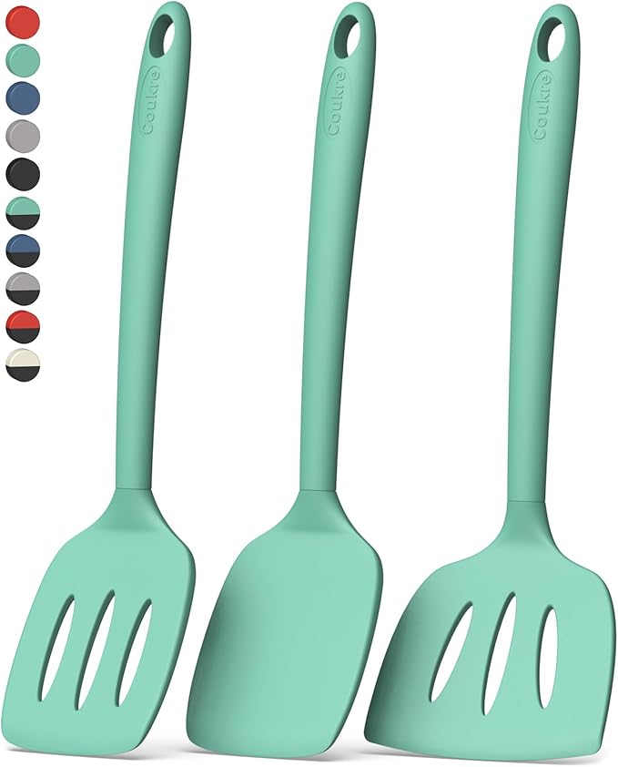Coukre 3 Pack Silicone Spatula Set, Heat Resistant to 500°F, BPA-Free | Fish Spatula, Solid & Slotted Turners, Dishwasher Safe, Spatula Set for Eggs, Pancakes, Fish & Burgers, PureAquaGreen