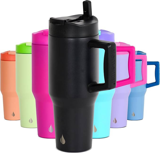 Elemental 100% Leak Proof 32oz Tumbler with Handle & Straw Travel Mug | Stainless Steel Double Wall Insulated Tumbler for Hot and Cold Beverages with Sip & Straw Lid